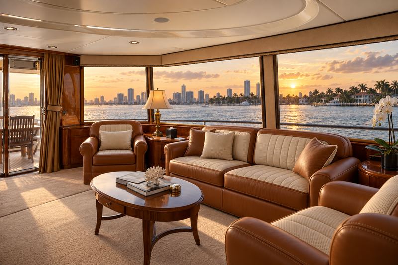 Yacht cockpit seating in orange perforated leather with cream piping
