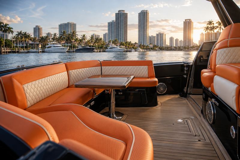 Yacht cockpit seating in orange perforated leather with cream piping