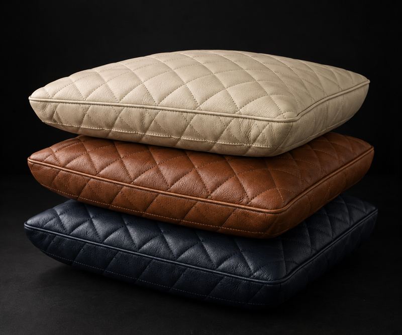 Stack of yacht cushions in cream, cognac and navy quilted leather